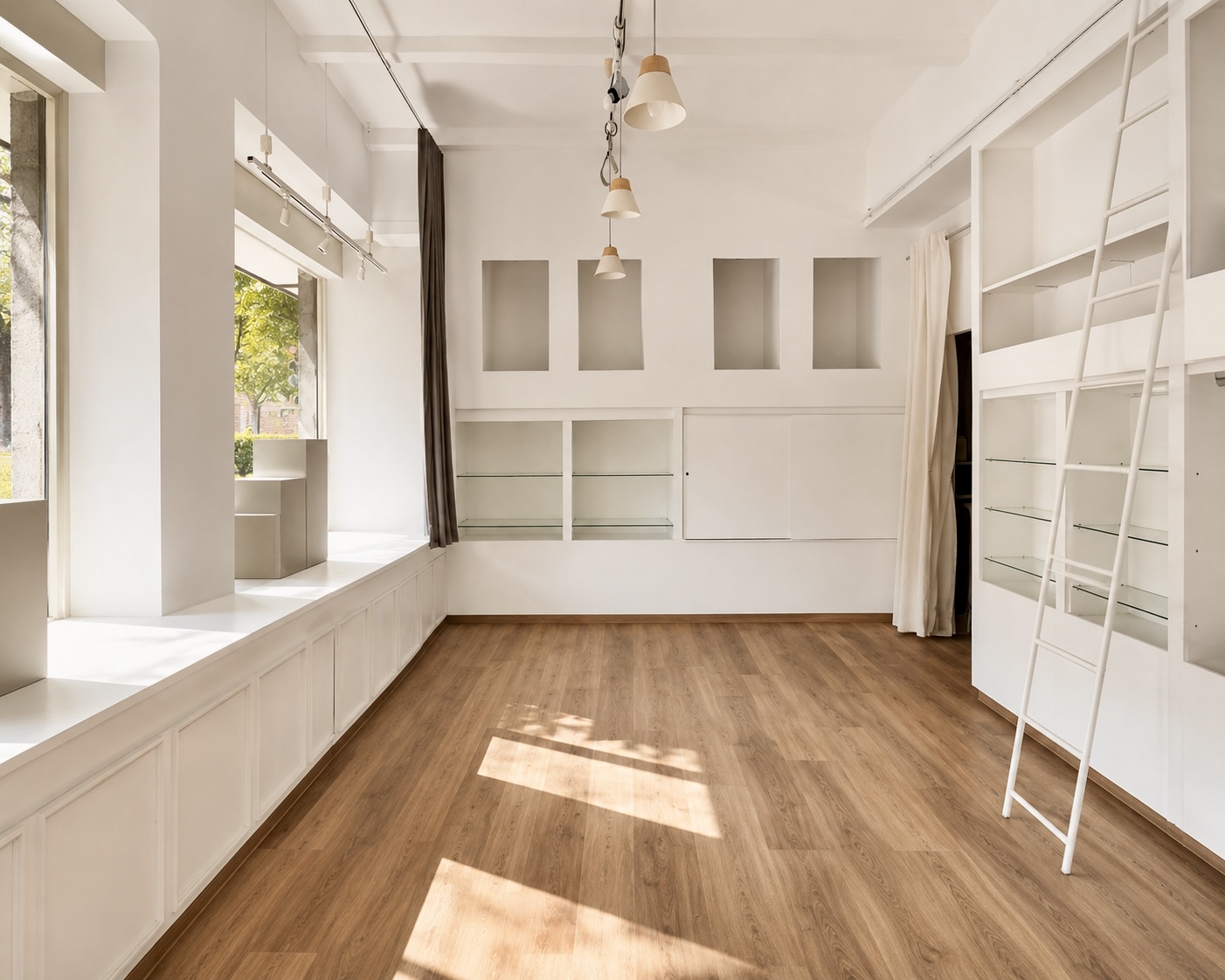 Sunday Studios — bright creative space with display niches and pendant lights
